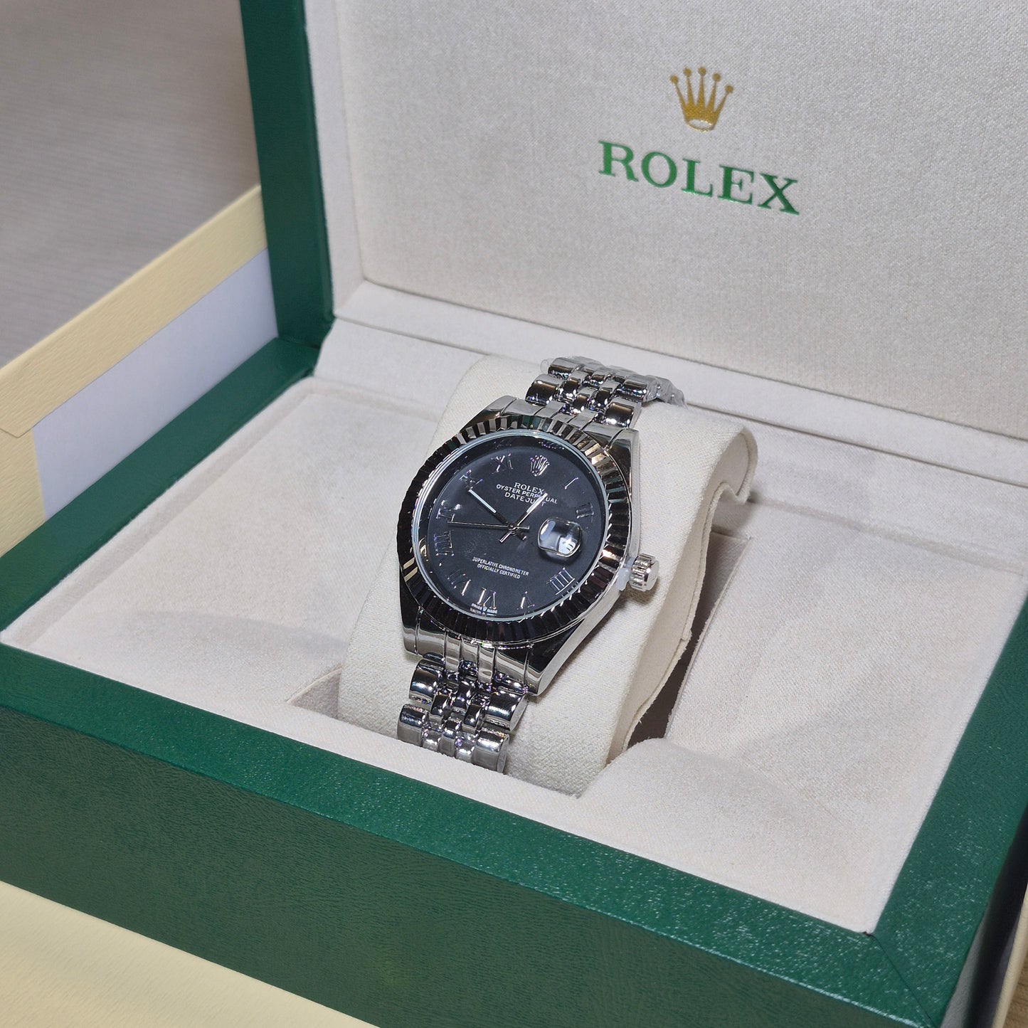 Rolex Day Just Jubilee Plateado Negro Romano