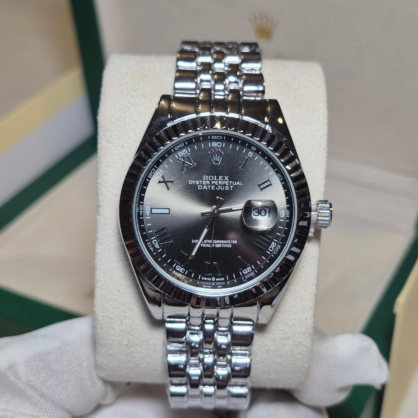 Rolex Date Just Jubilee Plateado Gris Profundo Romano