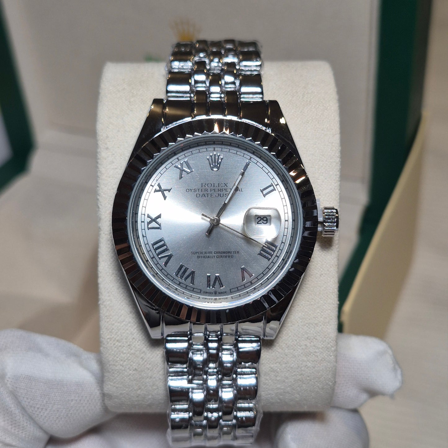 Rolex Date Just Jubilee Plateado Blanco Romano