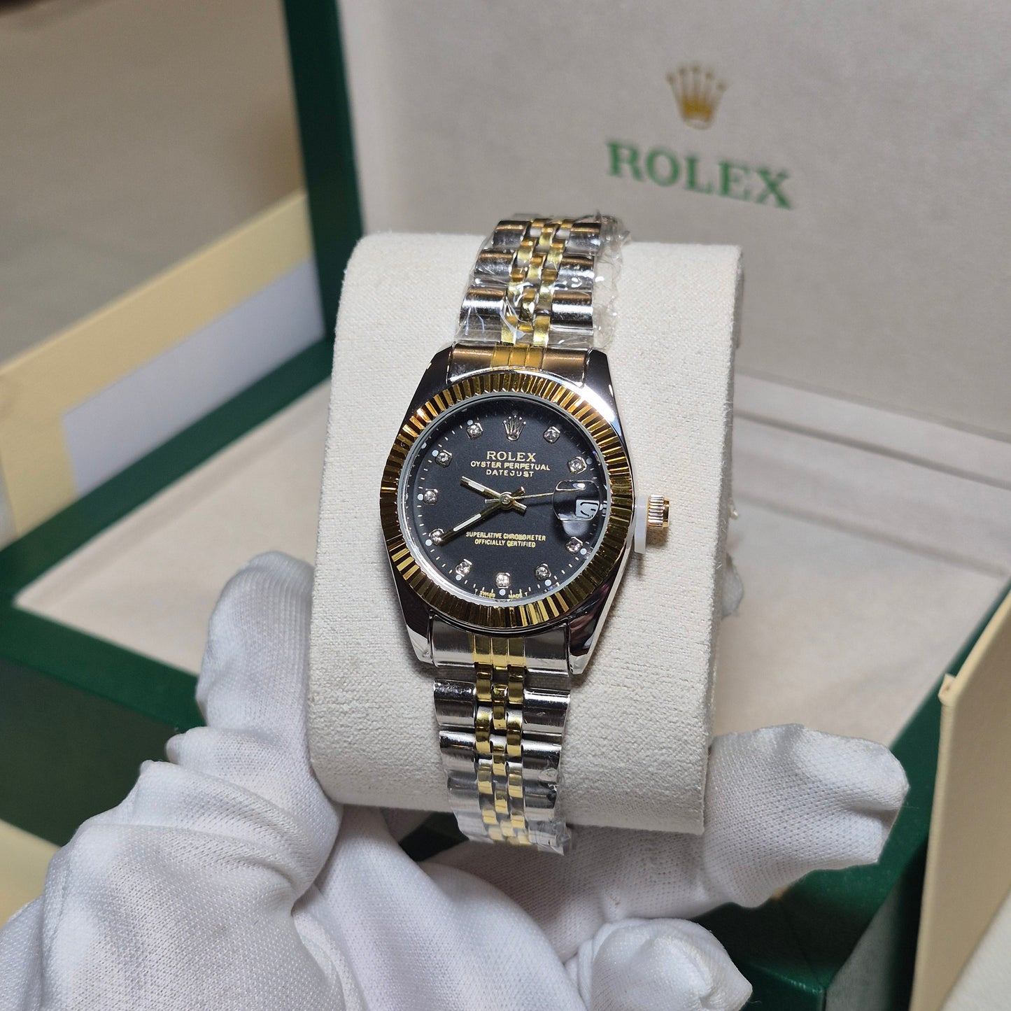 Rolex Femenino Date Just Bisel Estriado Imperial Negro