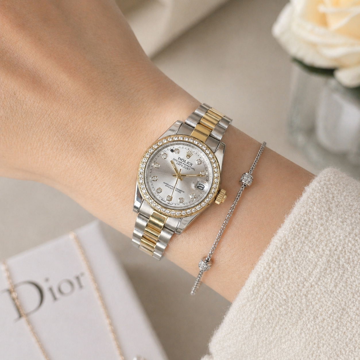 Rolex Femenino Date Just Bisel Perlas Imperial Blanco
