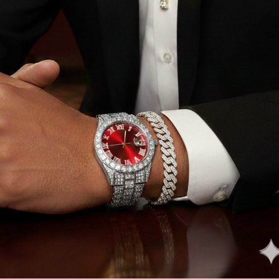 Reloj Plateado Rojo + Pulsera Cubana