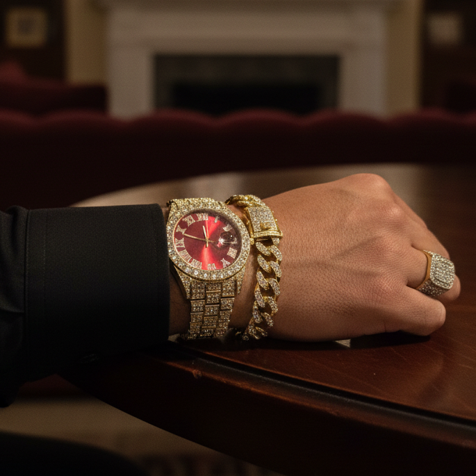 Reloj Dorado Rojo + Anillo Premium + Pulsera cubana