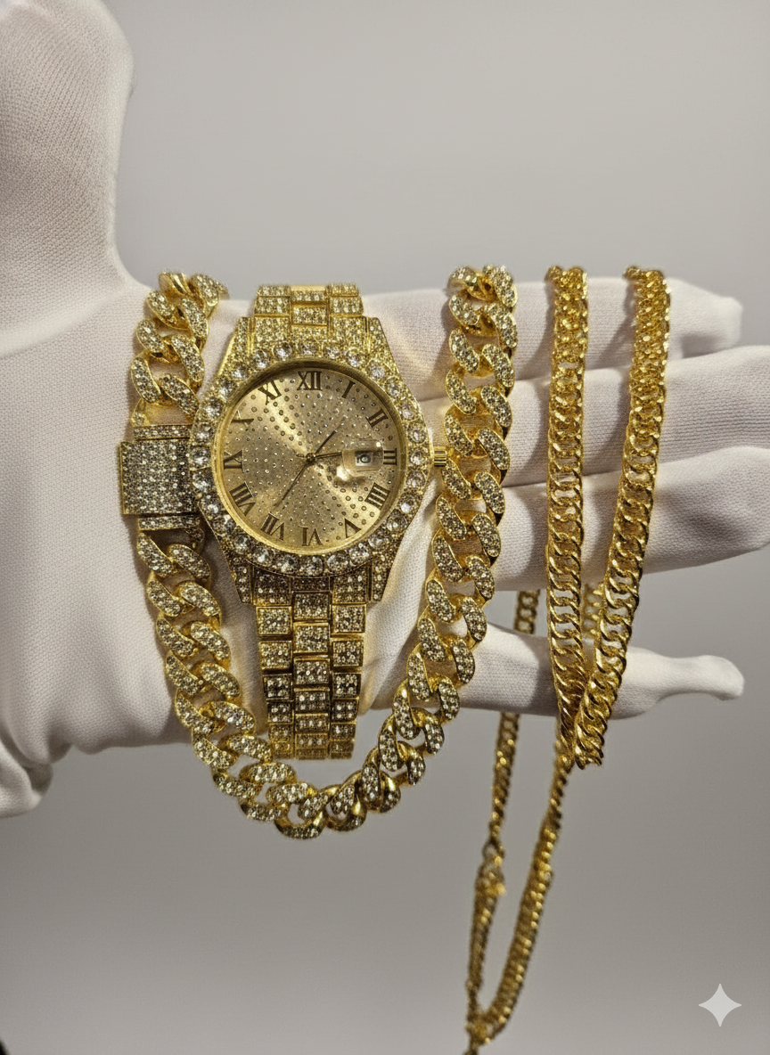Reloj Dorado + Cadena Premium + Cadena Acero Clasica GRATIS