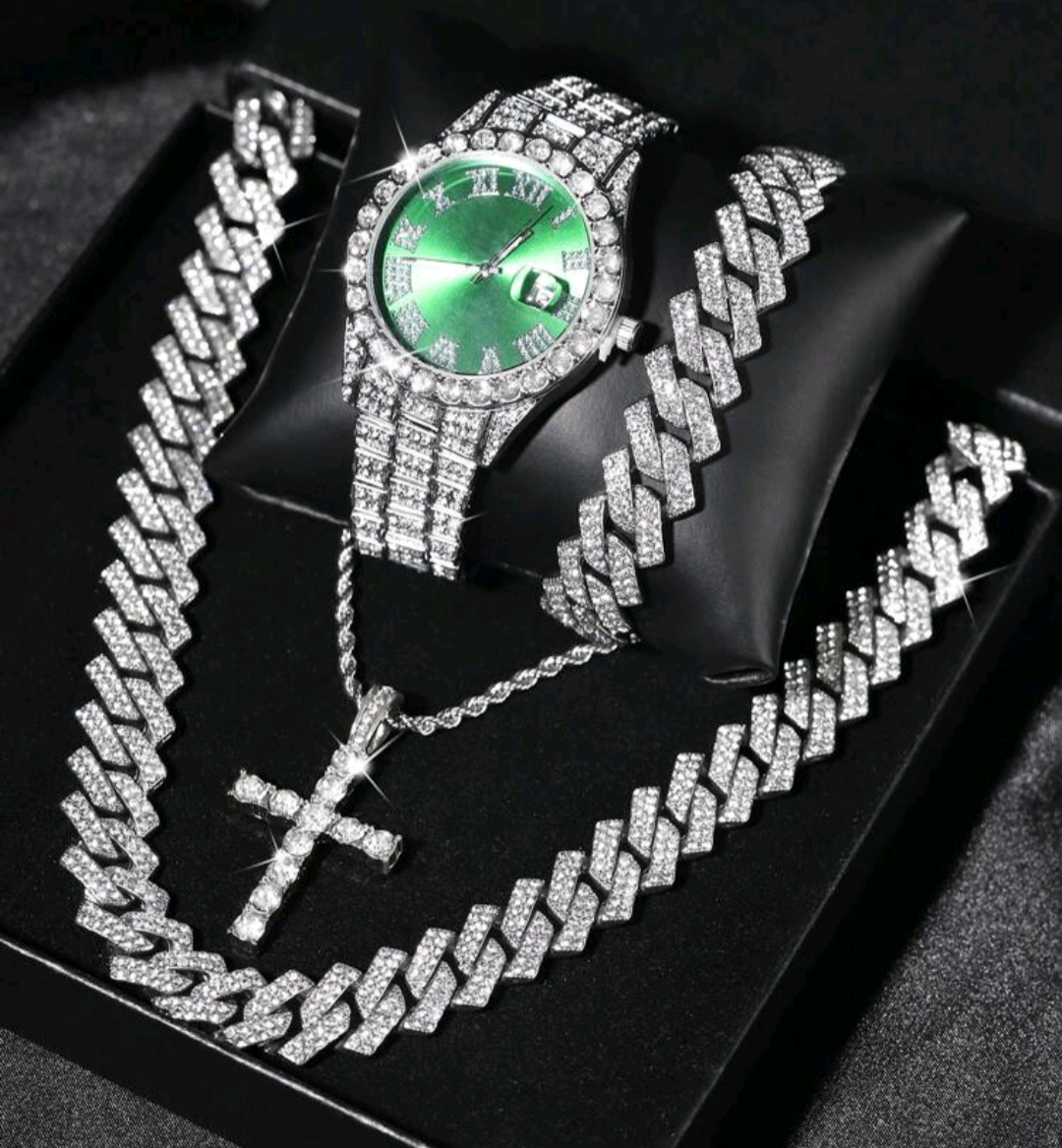 Reloj Cubano Verde + Cadena + Pulsera+ Dije + Caja de regalo