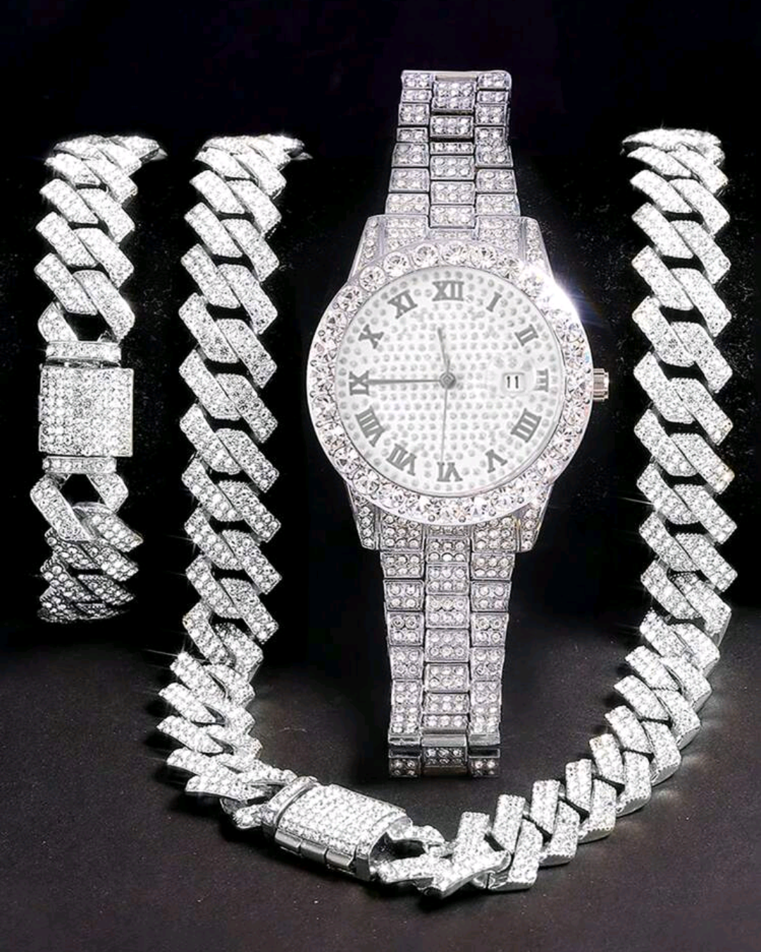 Reloj Plateado Blanco + Cadena 50cm + Pulsera 20cm