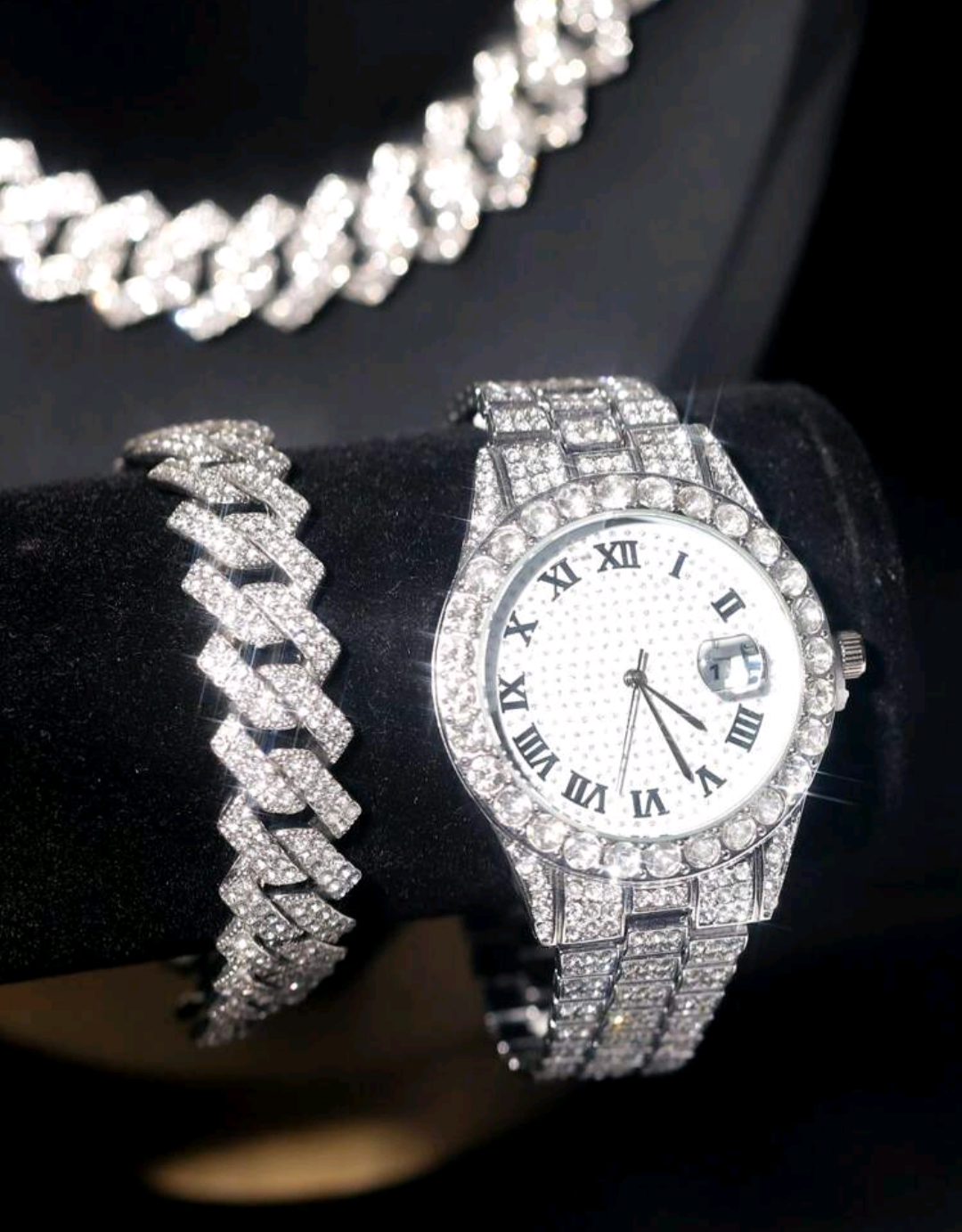 Reloj Plateado Blanco + Cadena 50cm + Pulsera 20cm