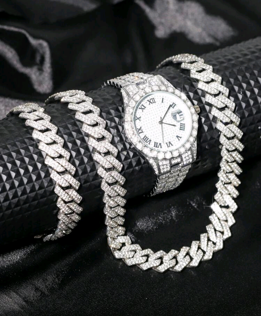 Reloj Plateado Blanco + Cadena 50cm + Pulsera 20cm
