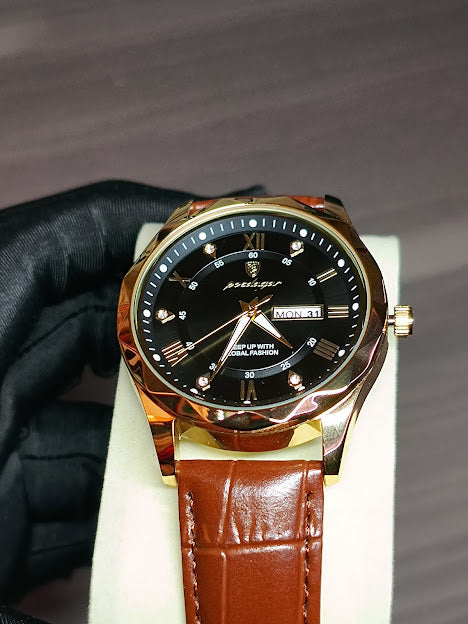 Reloj Poedagar pulso en cuero (Cafe/Dorado/Negro)