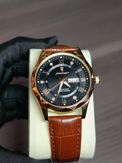 Reloj Poedagar pulso en cuero (Cafe/Dorado/Negro)