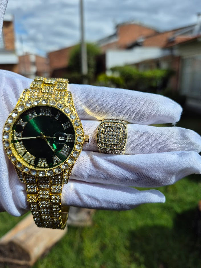 Reloj Dorado Verde+ Anillo Medalla Cubano Premium