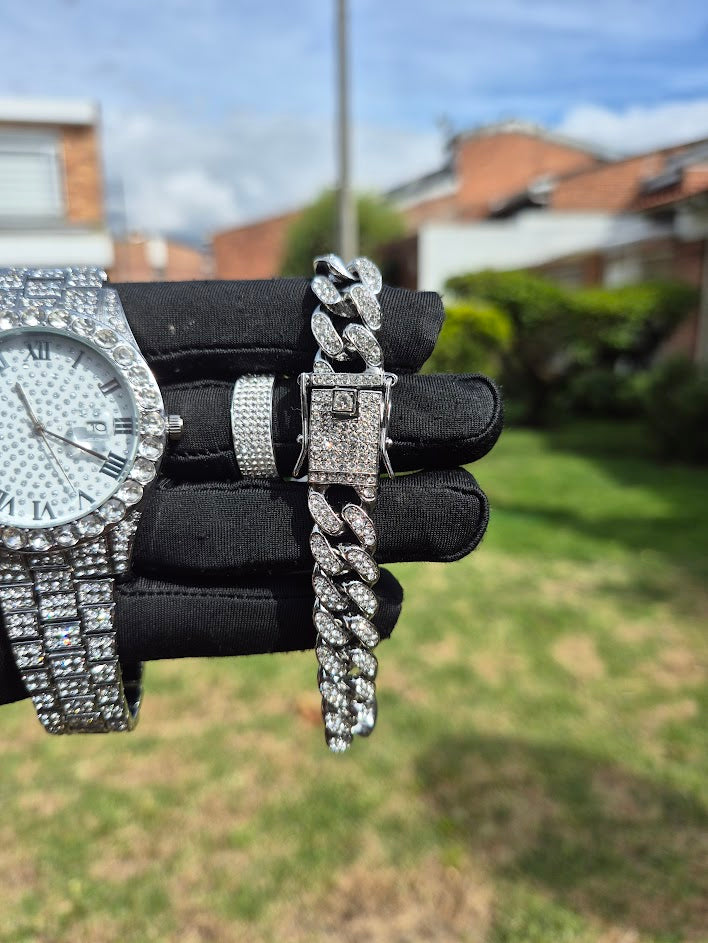Reloj Plateado Blanco + Pulsera Cubana + Anillo