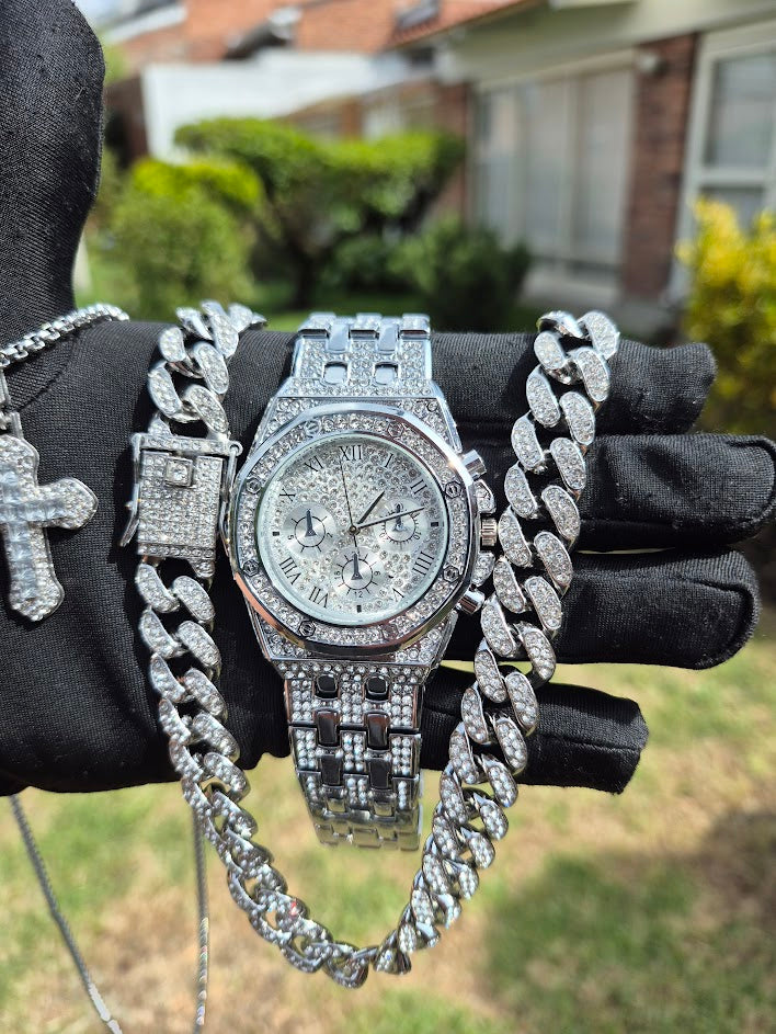 Reloj Hexagonal + Cadena Cubana 50cm + Dije Cubano Cruz