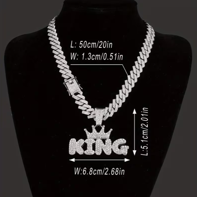 Cadena Cubana Plateada + Dije KING Premium