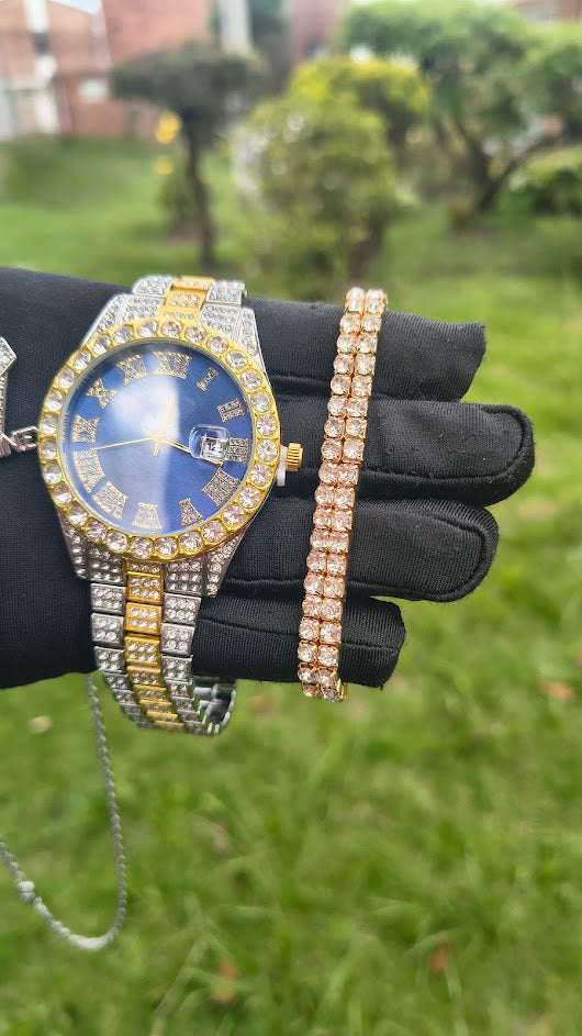 Reloj Imperial Azul + Dije Cubano + Pulsera Elastica