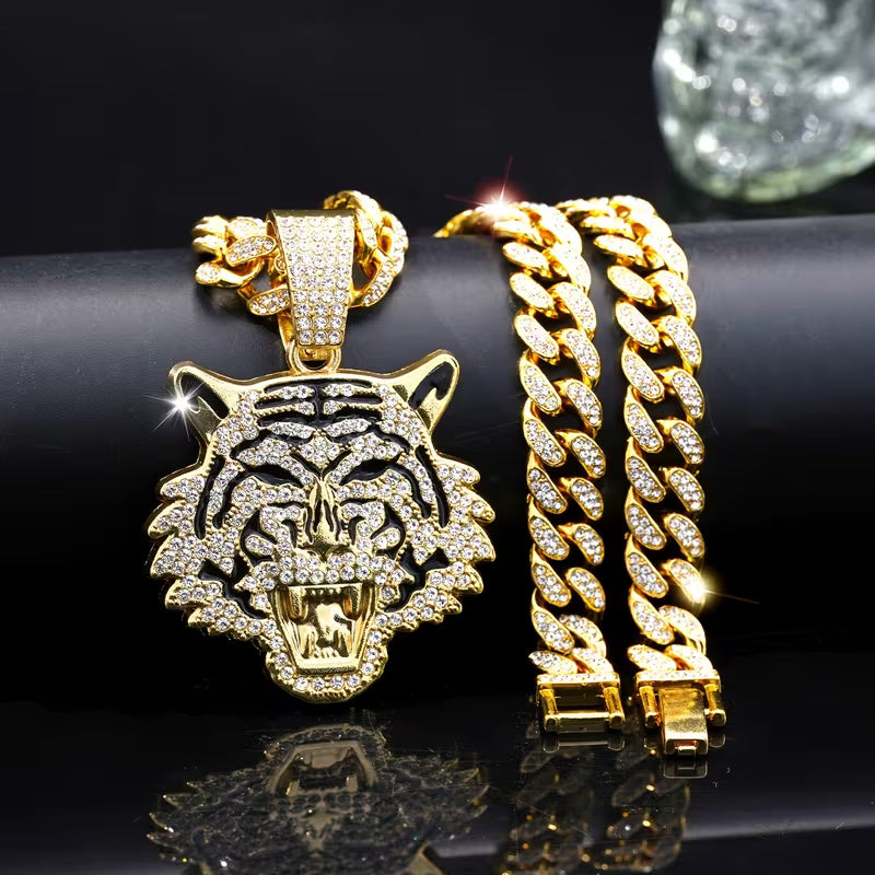 Cadena Cubana Dorada + Dije Tigre Premium