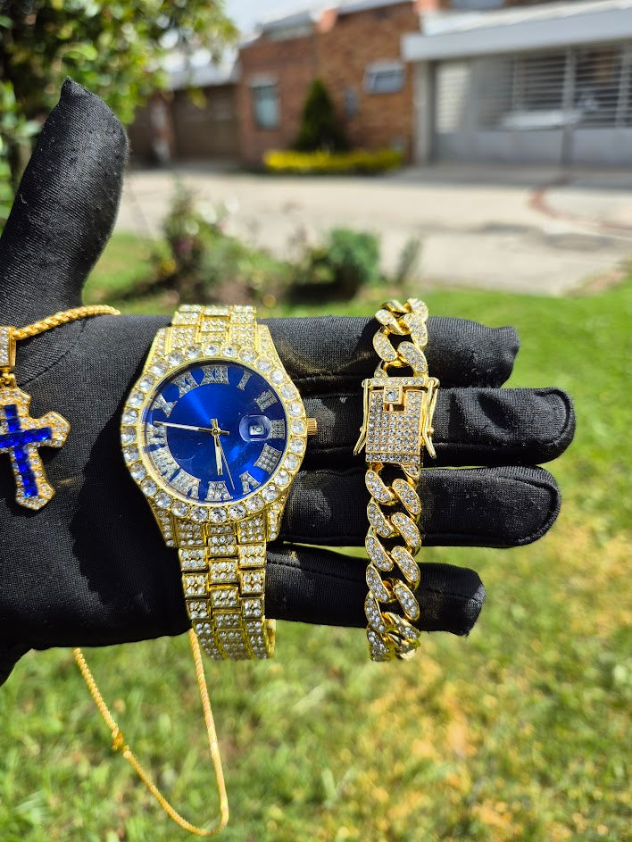 Reloj Dorado Azul + Pulsera Cubana + Dije Cruz Azul