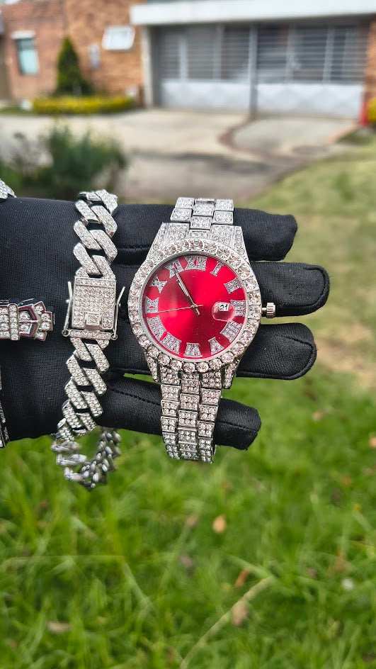 Reloj Plateado Rojo + Cadena + Dije Cruz Premium