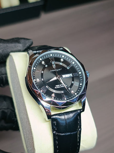 Reloj Poedagar pulso en cuero (Plateado/Negro)