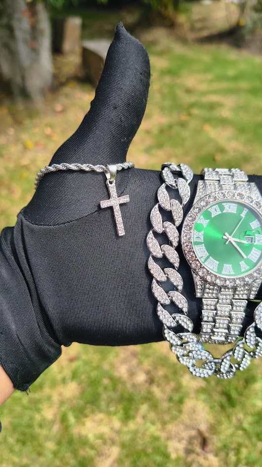 Reloj Plateado Verde + Cadena Cubana + Dije Cruz