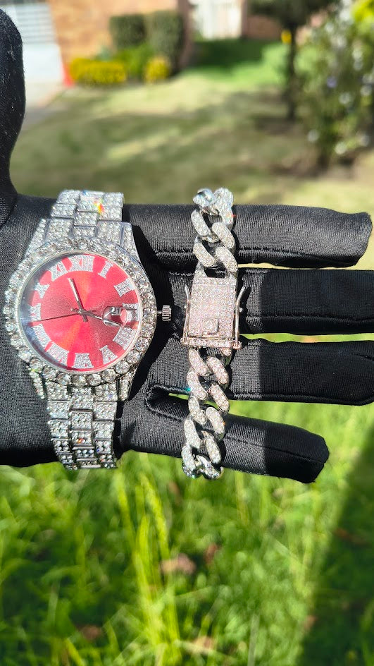Reloj Plateado con Fondo Rojo + Pulsera Cubana broche de lujo