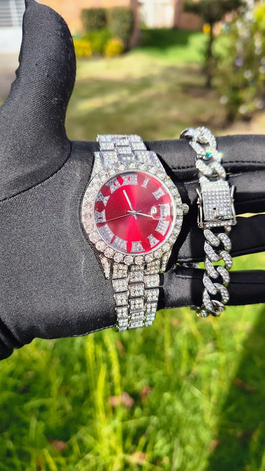Reloj Plateado con Fondo Rojo + Pulsera Cubana broche de lujo
