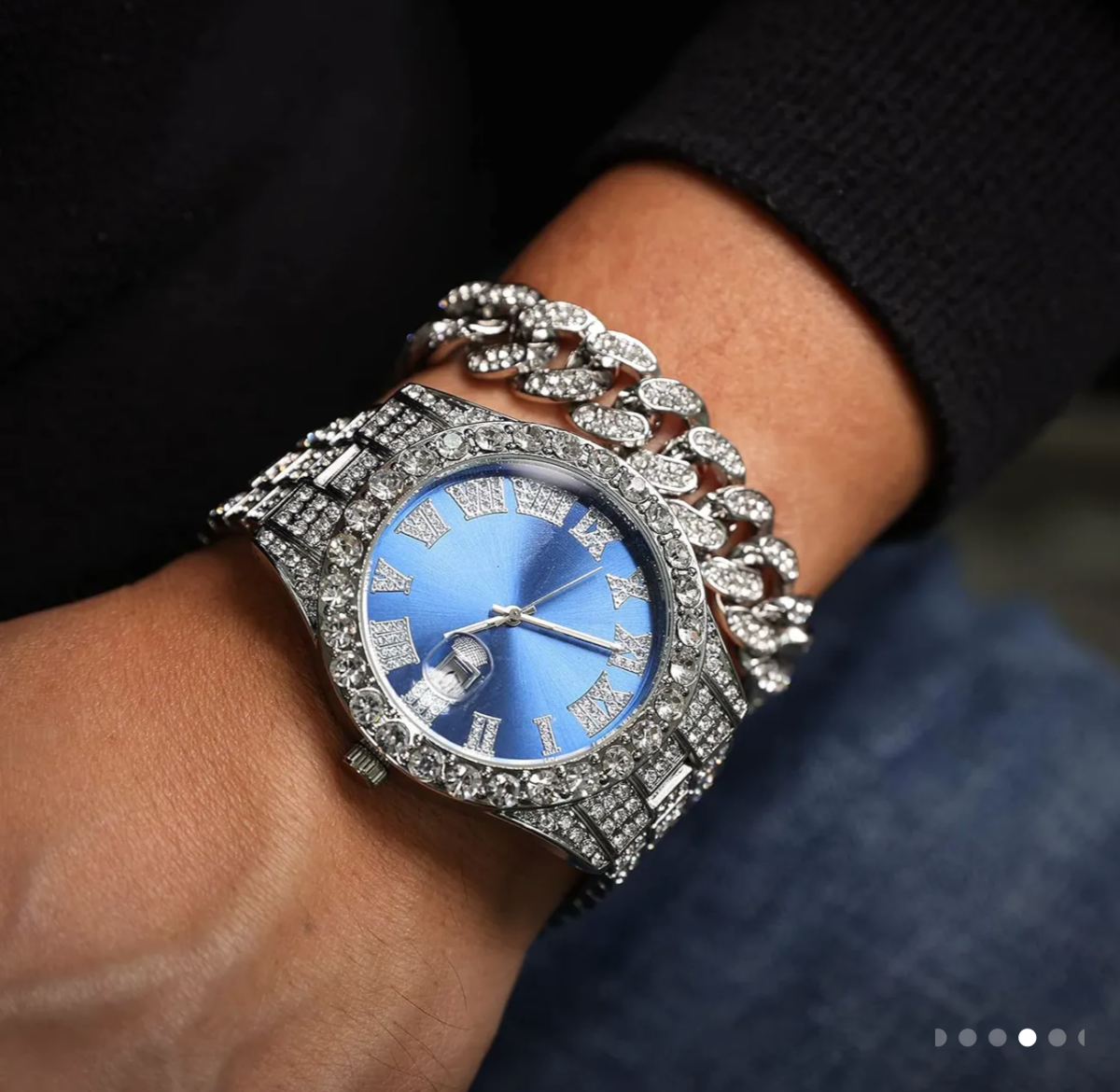 Reloj Plateado Azul + Cadena Cubana + Pulsera Cubana