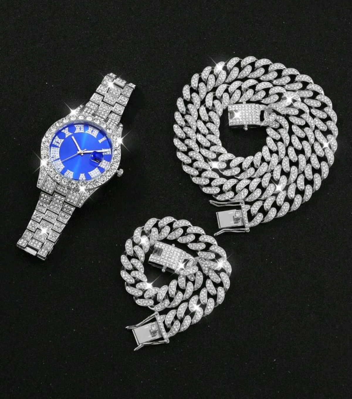 Reloj Plateado Azul + Cadena Cubana + Pulsera Cubana + Dije Cruz + Anillo Gratis