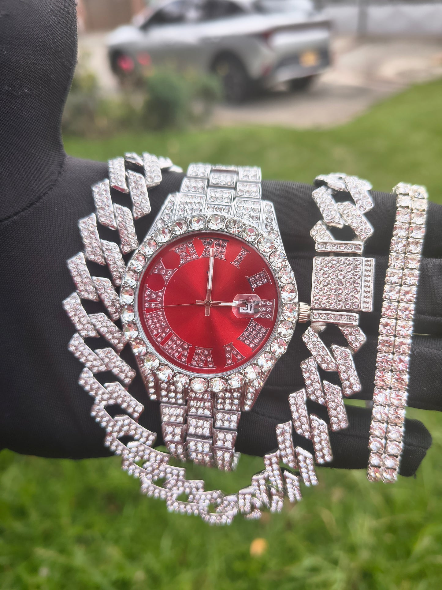 Reloj Cubano Rojo + Cadena 50cm + Pulsera Ajustable