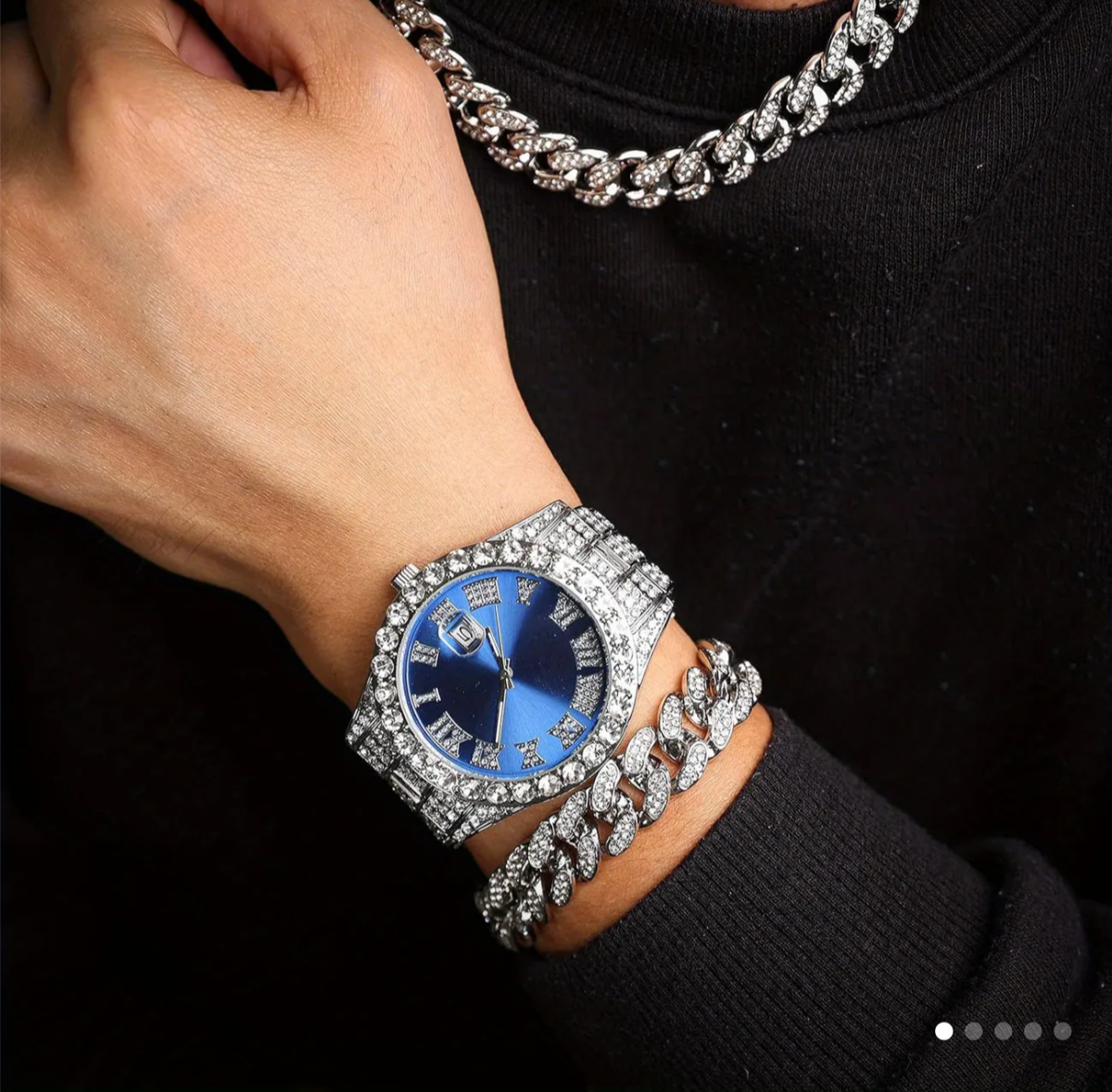 Reloj Plateado Azul + Cadena Cubana + Pulsera Cubana