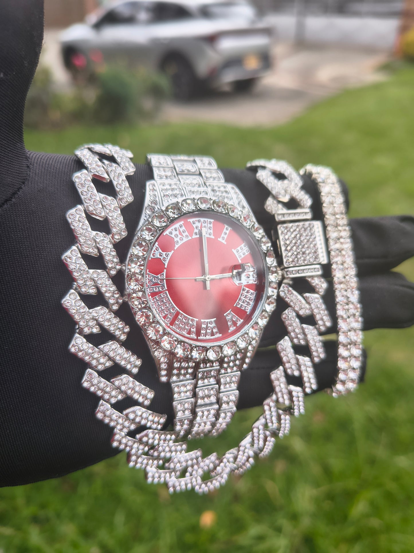 Reloj Cubano Rojo + Cadena 50cm + Pulsera Ajustable