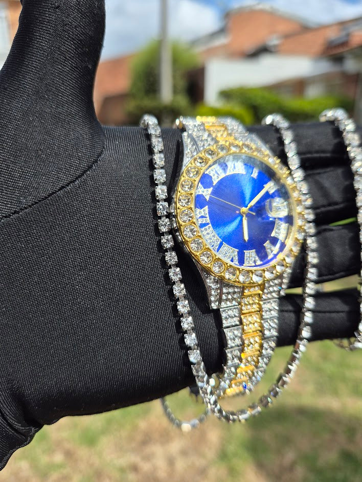 Reloj Imperial Azul + Cadena Tenis + Pulsera Tenis