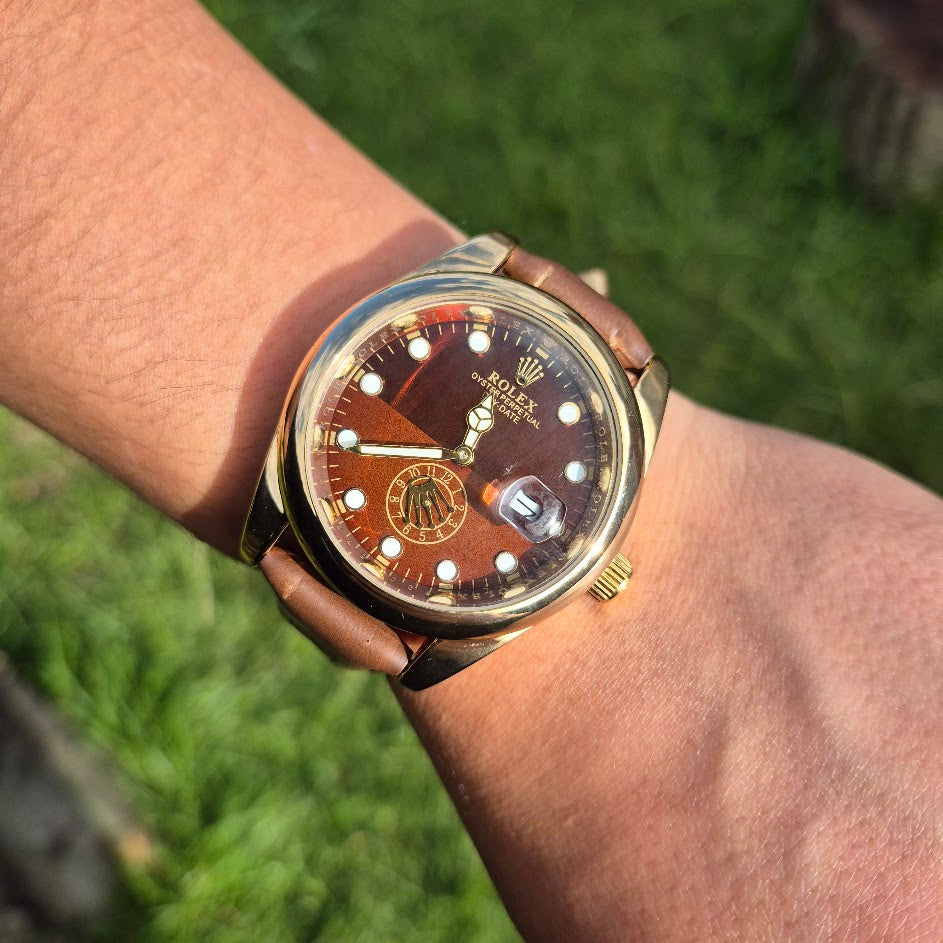 Reloj Rolex Cuero Day Date (Cafe-Dorado) + Caja Gratis