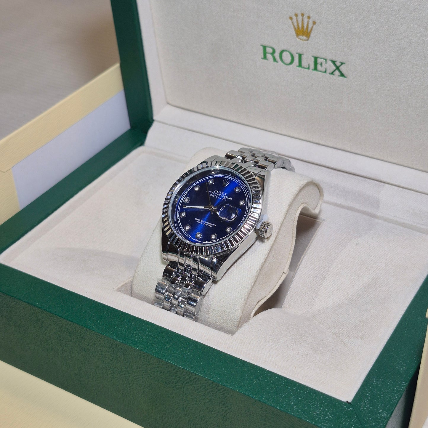 Rolex Date Just Jubilee Plateado Azul Mar