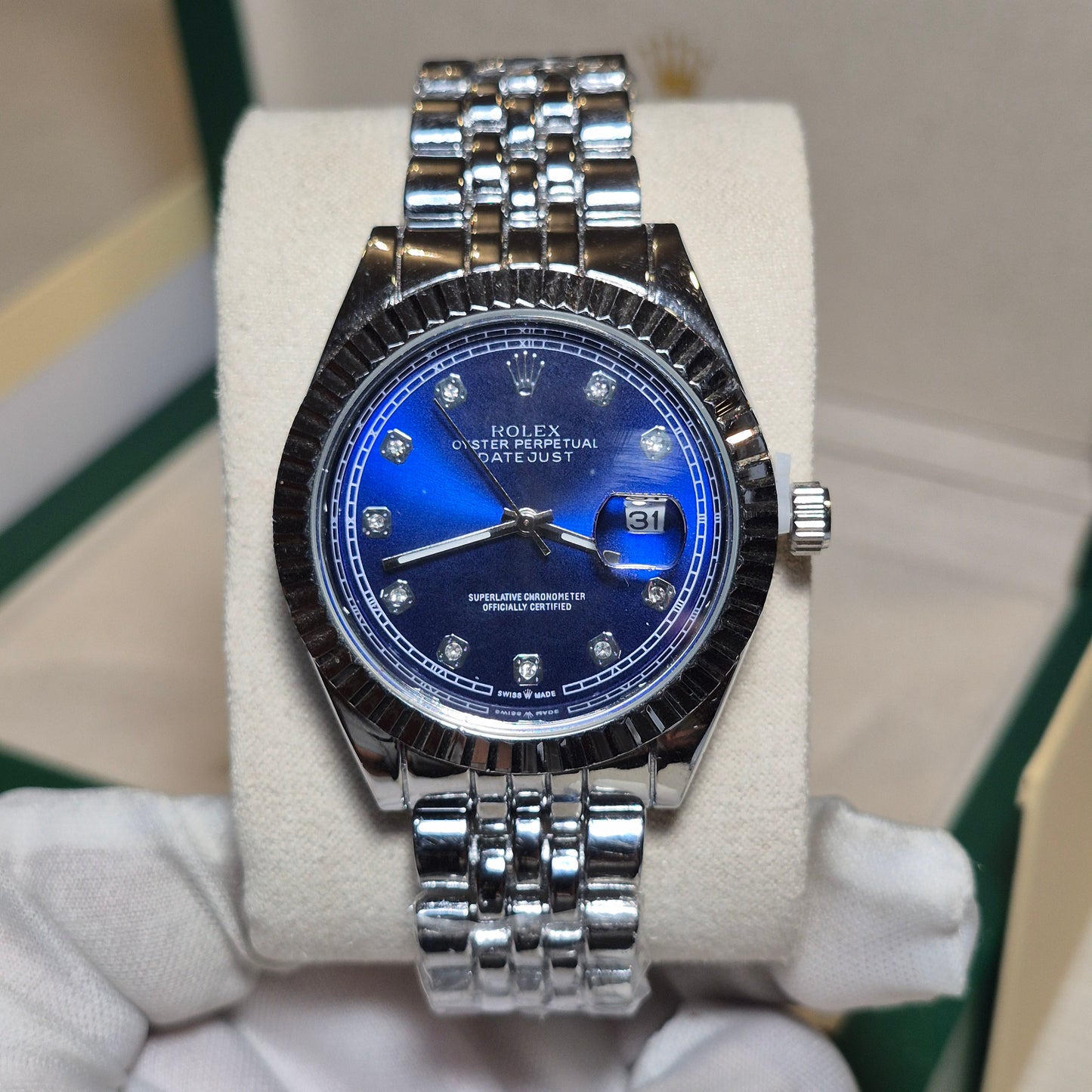 Rolex Date Just Jubilee Plateado Azul Mar