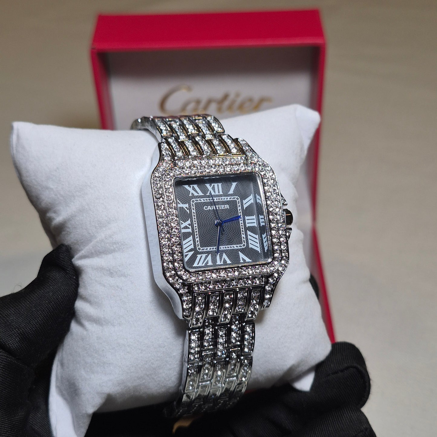 Cartier Santos Cubano Plateado Cara Negra