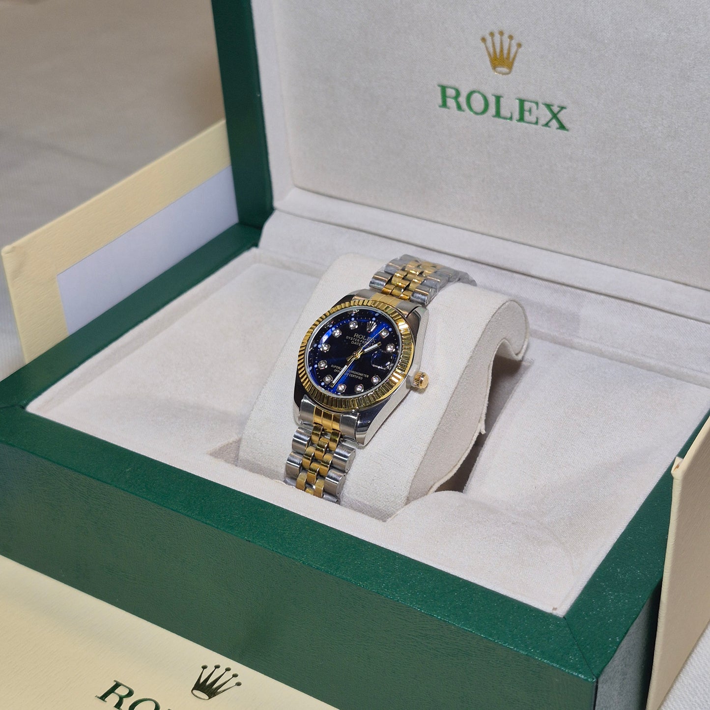 Rolex Femenino Date Just Bisel Estriado Imperial Azul Mar