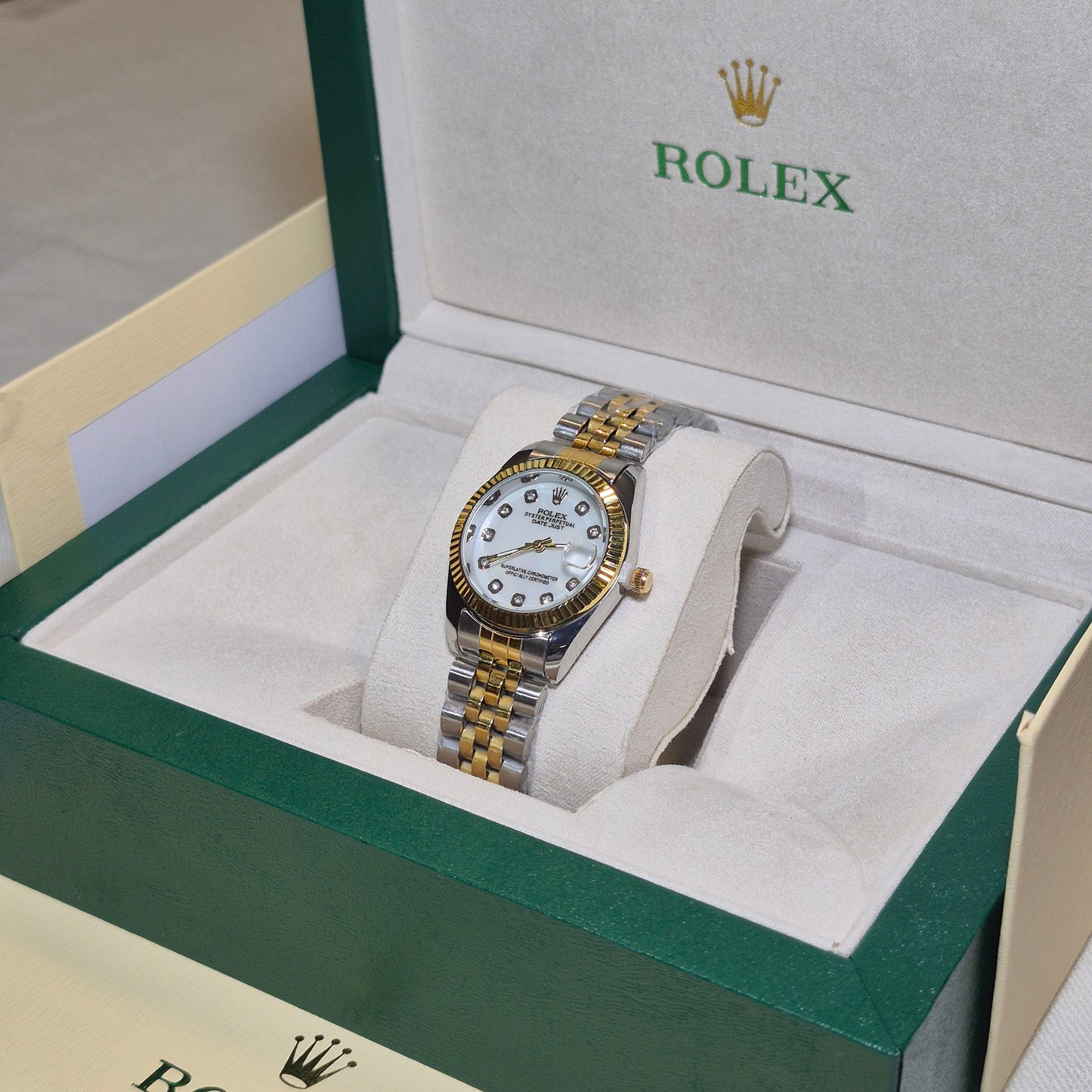 Rolex Femenino Date Just Bisel Estriado Imperial Blanco