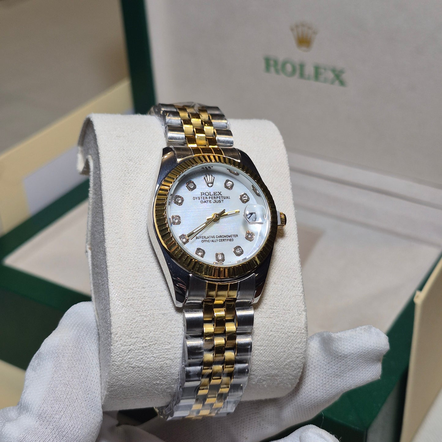 Rolex Femenino Date Just Bisel Estriado Imperial Blanco