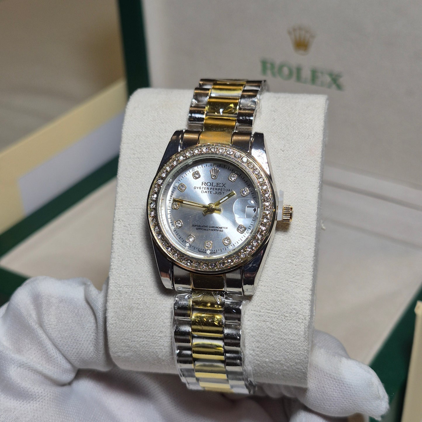 Rolex Femenino Date Just Bisel Perlas Imperial Blanco