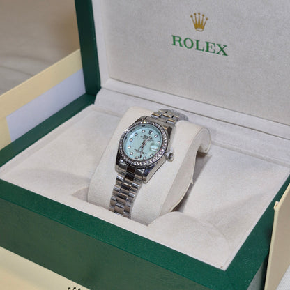 Rolex Femenino Date Just Bisel Perlas Plateado Azul Cielo
