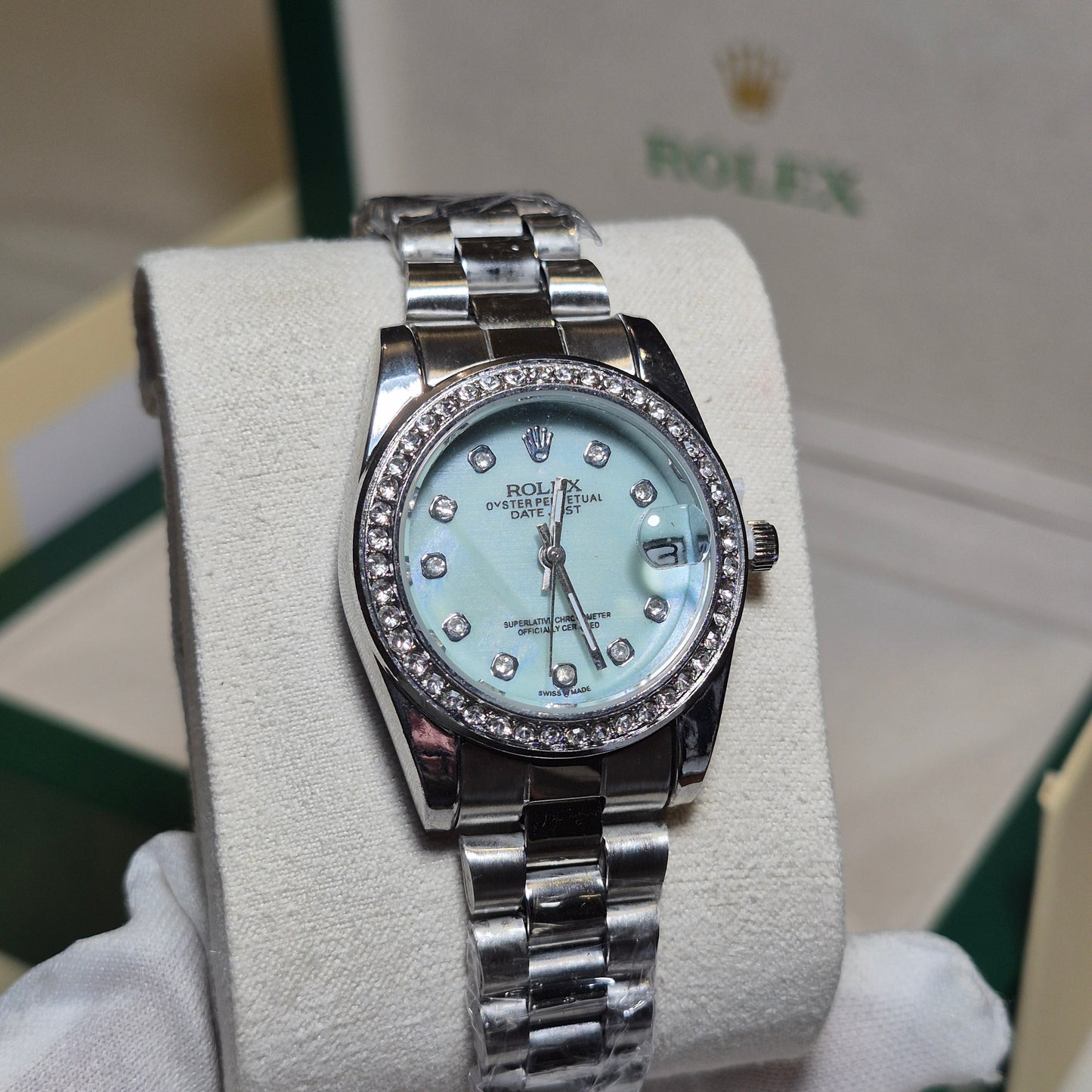 Rolex Femenino Date Just Bisel Perlas Plateado Azul Cielo