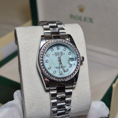Rolex Femenino Date Just Bisel Perlas Plateado Azul Cielo
