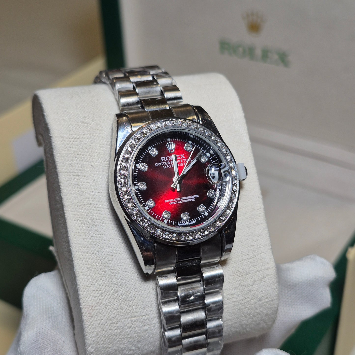 Rolex Femenino Date Just Bisel Perlas Plateado Rojo