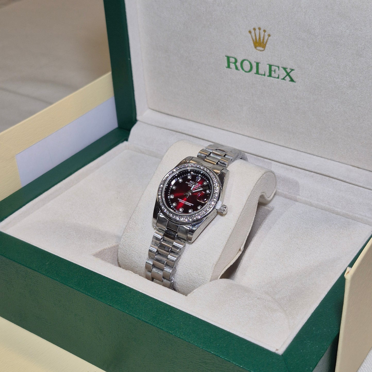 Rolex Femenino Date Just Bisel Perlas Plateado Rojo