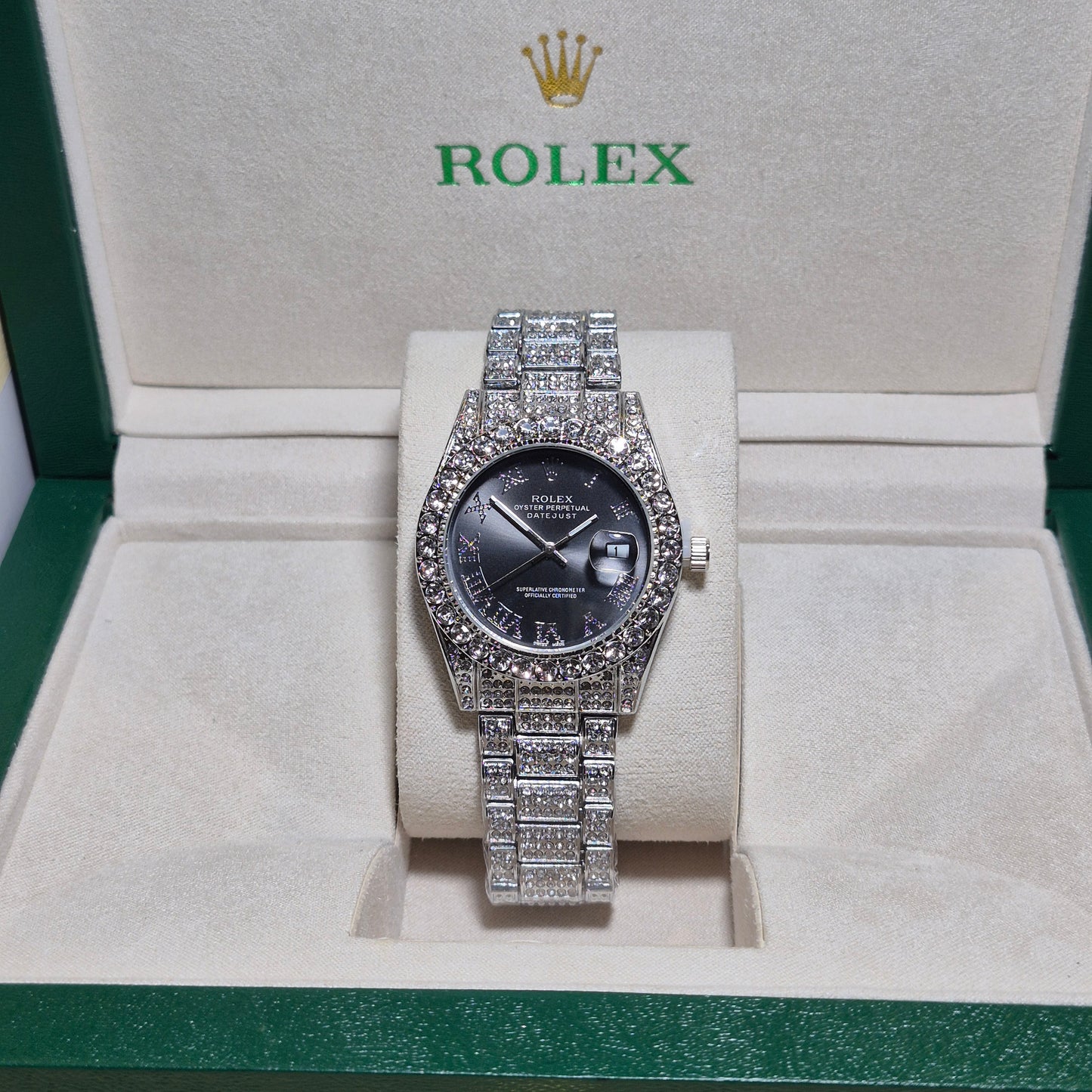 Rolex Date Just Plateado Cara Negra FULL SET