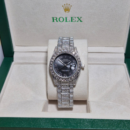 Rolex Date Just Plateado Cara Negra FULL SET