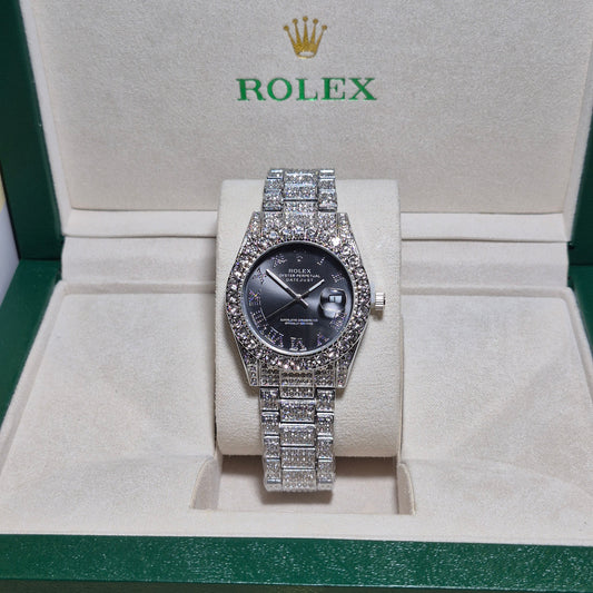 Rolex Date Just Plateado Cara Negra FULL SET