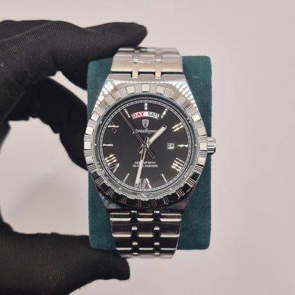 Reloj Poedagar Day-Date Plateado Dial Negro