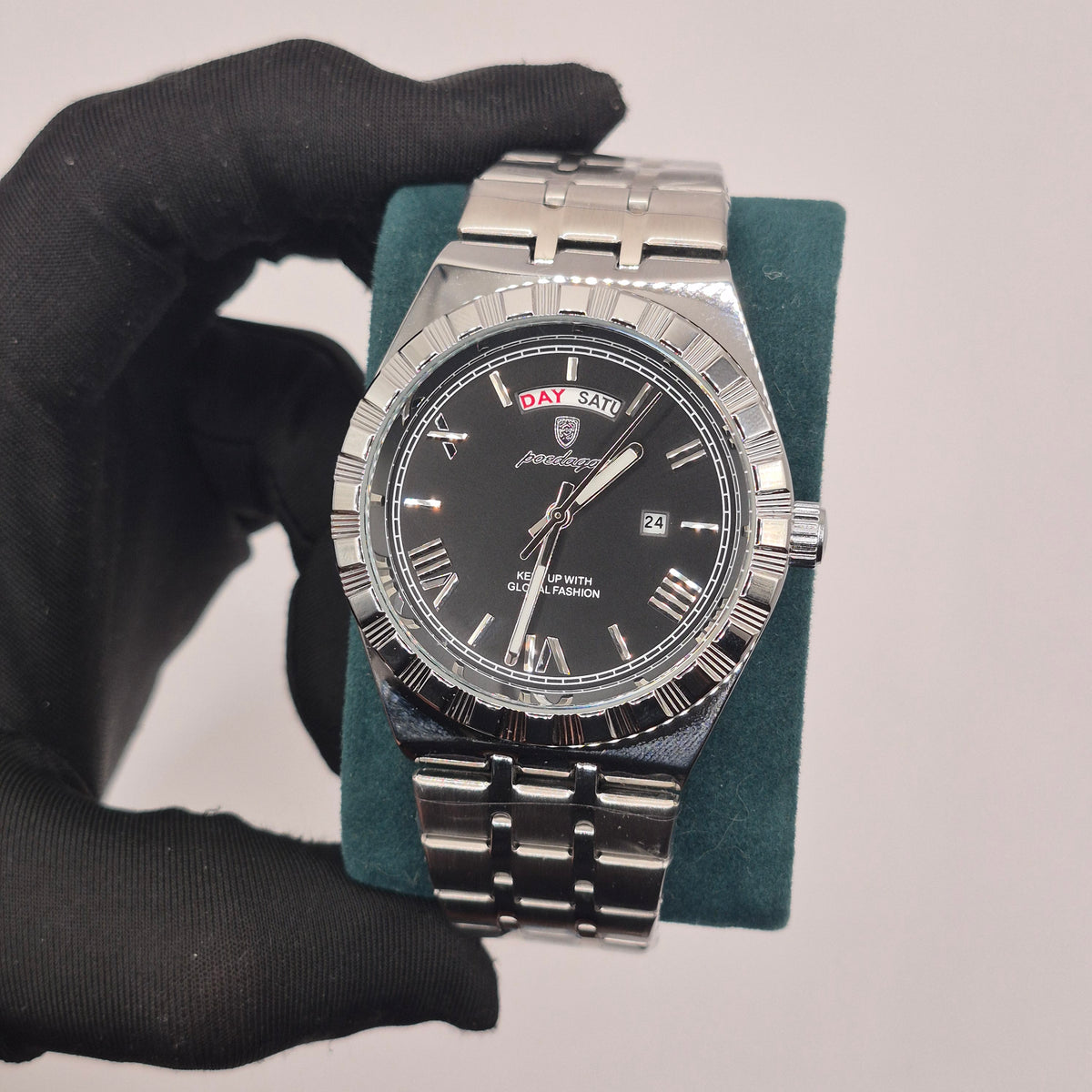 Reloj Poedagar Day-Date Plateado Dial Negro